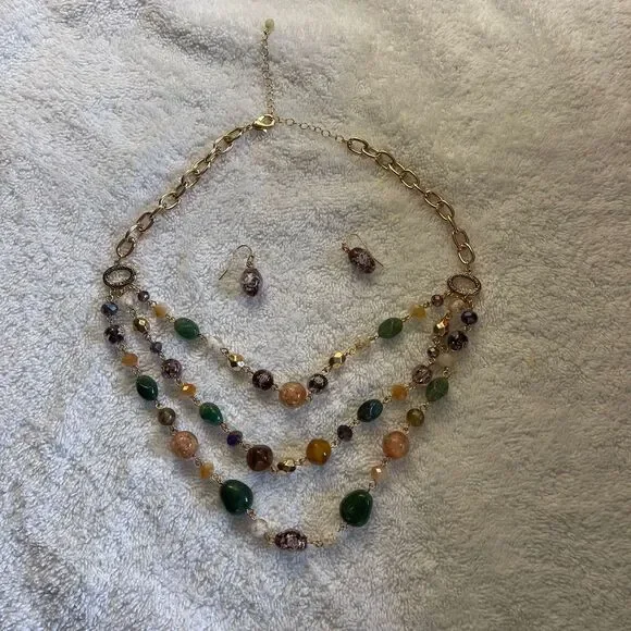 Studio 1886 Bohemian Multi-Strand Gemstone Statement Necklace Gold With Earrings - Picture 6 of 6